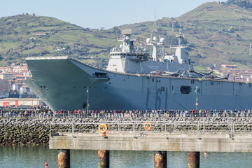 BILBAO, SPAIN - MARCH / 23/2019. The aircraft carrier of the Spanish Navy Juan Carlos I in the port...