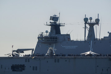 Fototapeta premium BILBAO, SPAIN - MARCH / 23/2019. The aircraft carrier of the Spanish Navy Juan Carlos I in the port of Bilbao, open day to visit the ship.