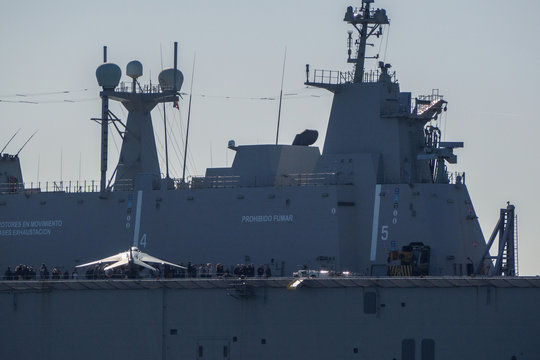 BILBAO, SPAIN - MARCH / 23/2019. The Aircraft Carrier Of The Spanish Navy Juan Carlos I In The Port Of Bilbao, Open Day To Visit The Ship.