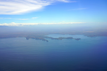 Fototapeta na wymiar Aerial view of the Golfo del Papagayo with the Peninsula Papagayo near Liberia, Guanacaste, Costa Rica, during the dry season
