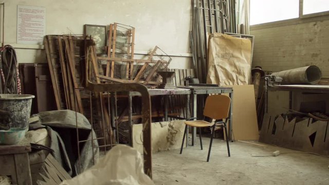 Art studio workshop interior old vintage. Shot on RED