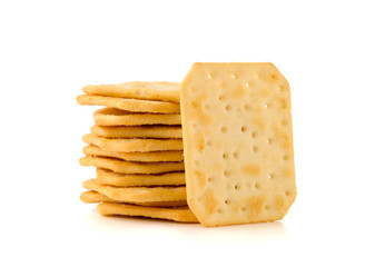 Crackers on a white background. Salty crackers close up on a white background.