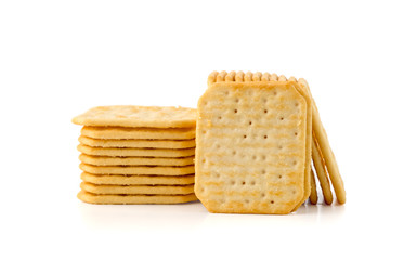 Crackers on a white background. Salty crackers close up on a white background.
