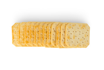 Crackers on a white background. Salty crackers close up on a white background.