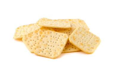 Crackers on a white background. Salty crackers close up on a white background.