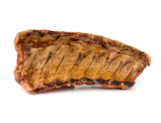 Smoked ribs on a white background. Smoked ribs close-up on a white background.