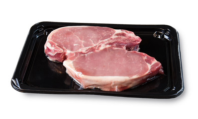 vacuum packed pork meat, isolated on white background