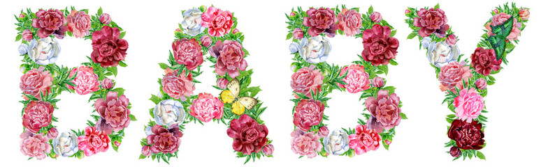 Word BABY of watercolor peonies flowers and butterflies