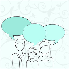 Family of One Child Between Father and Mother and Their Own Speech Bubble Business concept Empty template copy space isolated Posters coupons promotional material