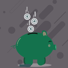 Color Piggy Bank Sideview and Dollar Currency Coins Falling Down to the Slit Copy Space design Empty template text for Ad, promotion, poster, flyer, web banner, article