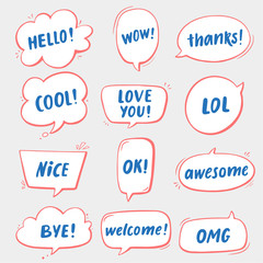 Sticker set with comics style speech bubbles and lettering phrases in red/blue colors. 