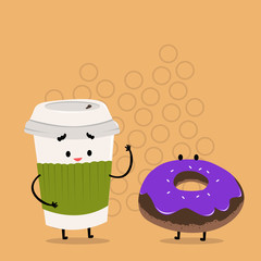 Carry Out Paper Cup with Lid and Sleeve Beside Doughnut with Frosting on Top Design business concept Empty copy space modern abstract background