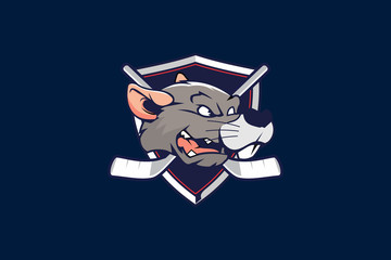 rat or mouse cartoon head with shield for hockey team logo vector template