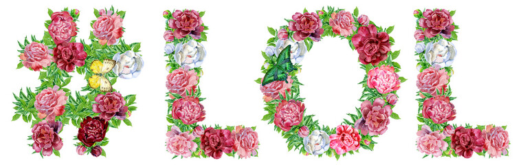 Hashtag sign with word LOL of watercolor flowers for decoration