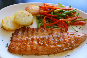 Plate of Chilean Style Grilled Trout with Vegetable Saute