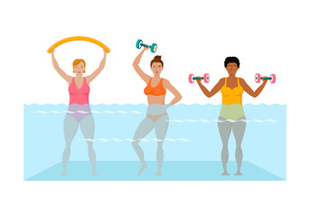 Color graphic set of drawings of smiling women of different race in the pool, training in water aerobics, water sports, for weight loss. Vector illustration isolated on background.