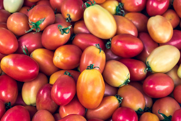 The fresh tomatoes on a tray for sale in the bazaar.