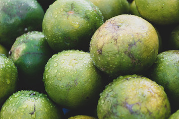 Pile of Fresh orange fruit with water drops