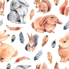 Motif aquarelle avec de mignons lapins de Pâques et écureuils. Joyeuses Pâques.