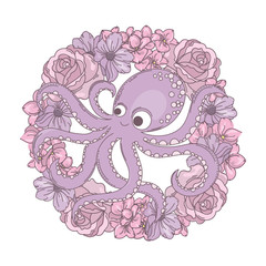 OCTOPUS WREATH Sea Floral Holiday Rose Flower Bouquet Cartoon Underwater Tropical Summer Vector Illustration Set for Print Fabric and Decoration