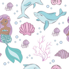 SEA Mermaid Princess Girl Underwater Tropical Ocean Travel Cruise Vacation Seamless Pattern Vector Illustration for Print Fabric and Digital Paper
