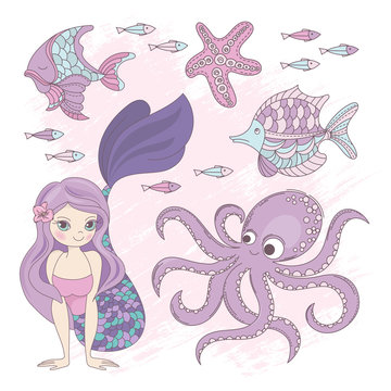 OCEAN Mermaid Princess Cartoon Sea Summer Tropical Cruise Vacation Vector Illustration Set for Print Fabric and Decoration