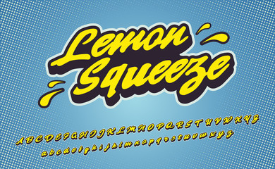 Lemon Squeeze. 3D vintage script font. Vector font illustration. Comics style.
