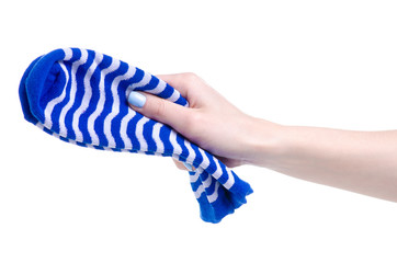Pair blue sock in hand on white background isolation