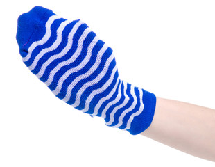 Blue socks wearing on hands on white background isolation