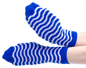 Blue socks wearing on hands on white background isolation