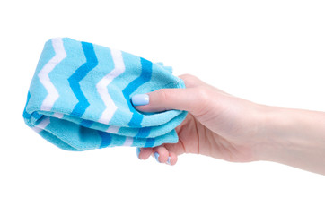Pair blue sock in hand on white background isolation