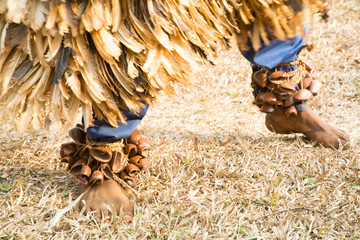 Close-up of a dancer's feet with rattles and plumage, Bamenda, Cameroon, Africa.
