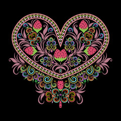 Neckline ethnic design. Floral colorful traditional pattern. Vector print with berries and heart for embroidery, for women's clothing.