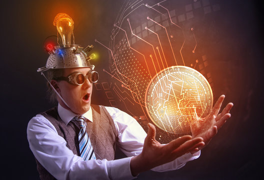 distraught looking conspiracy believer in suit with aluminum foil head with LITECOIN cryotocurrency coin
