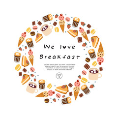 Hand drawn vector illustration of coffee, sweets and pastry