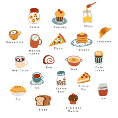 Hand drawn vector illustration of coffee, sweets and pastry