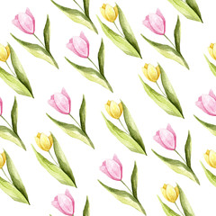 Watercolor seamless texture of tulips. For design, print or background. 