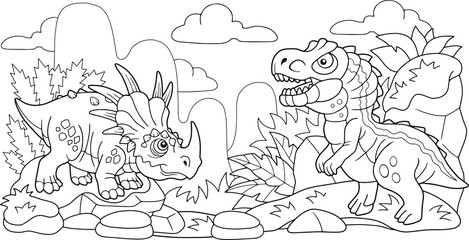 cartoon cute prehistoric dinosaurs, coloring book, funny illustration