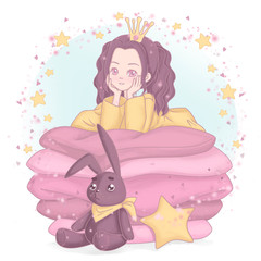 Princess lays on soft blankets. Schoolgirl. Magic world of dreams.