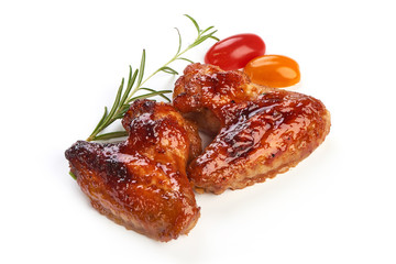 Baked chicken wings with bbq sauce, american food, close-up, isolated on white background