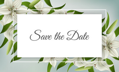 Text frame with white lily flower, green leaf, and white line border. Vector illustration for wedding design, summer flower background, or save the date template for wedding