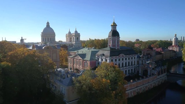 October morning over the Alexander Nevsky Lavra. Saint-Petersburg, Russia (aerial video)