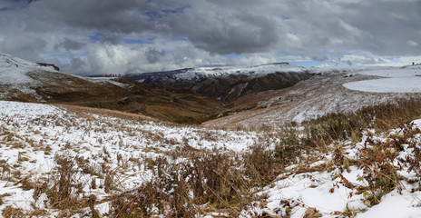 Russia. The first snow in late autumn in the Caucasus Mountains and on Mount Elbrus.