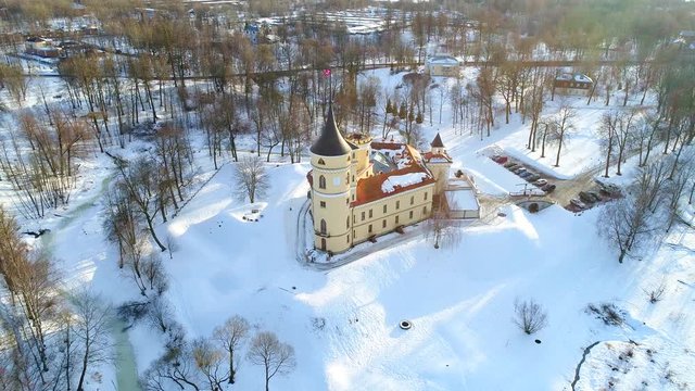 A view of the old castle Bip, day in February (aerial video). Pavlovsk, Russia