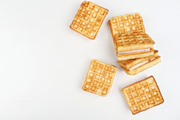 Rectangular Viennese waffles are not a white background. Traditional sweets.