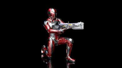 Futuristic android soldier in bulletproof armor, military cyborg armed with sci-fi rifle gun kneeling on black background, 3D rendering