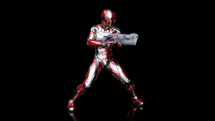 Futuristic android soldier in bulletproof armor, military cyborg armed with sci-fi rifle gun shooting on black background, 3D rendering © freestyle_images