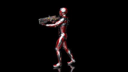 Fototapeta na wymiar Futuristic android soldier in bulletproof armor, military cyborg armed with sci-fi rifle gun walking and shooting on black background, 3D rendering