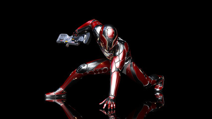 Futuristic android soldier in bulletproof armor, military cyborg armed with sci-fi rifle gun crouching on black background, 3D rendering © freestyle_images