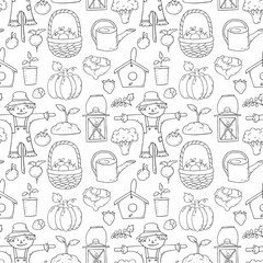 Seamless pattern with cartoon gardening items.